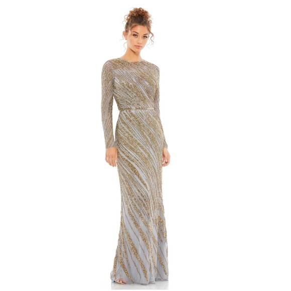 Mac Duggal Dresses & Skirts - MAC DUGGAL Beaded Long Sleeve Column Gown in Platinum Size US 4